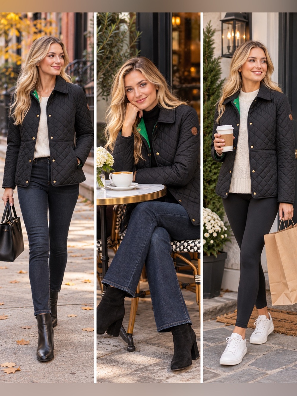 Lauren Ralph Lauren Women’s Large Black Quilted Jacket Green Lining Gold Snap - Picture 2 of 13